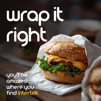 Cheeseburger with lettuce wrapped in white paper with the phrase "wrap it right" and Intertek slogan.