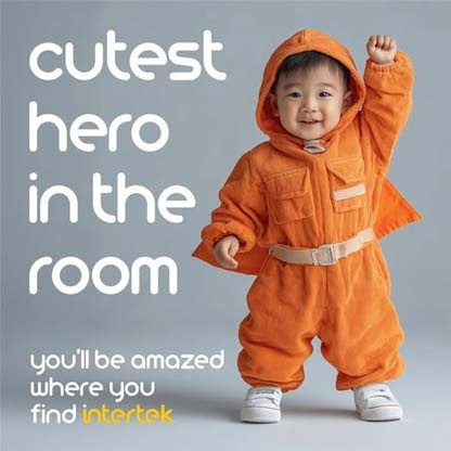 An infant with raised fist wearing a yellow jumpsuit